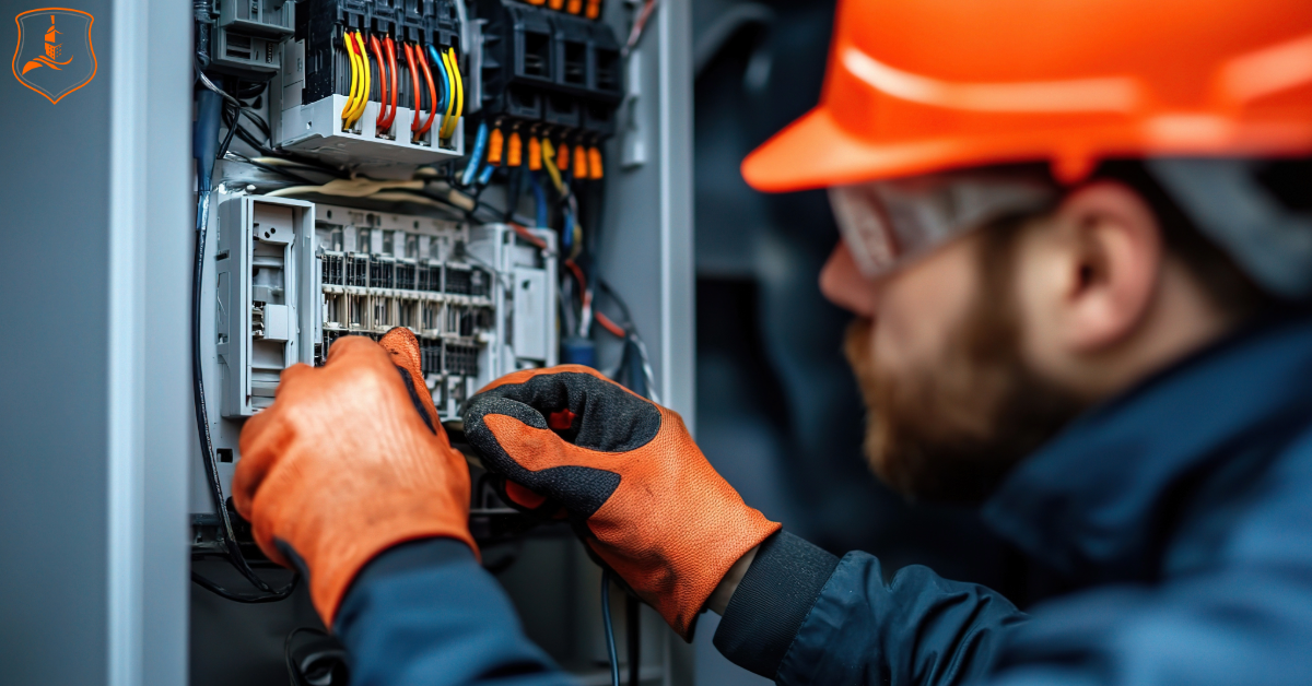 Electrical contractor inspecting and wiring an industrial control panel in Dallas–Fort Worth, Texas — representing Eastman Insurance Solutions’ electrical contractor insurance expertise.