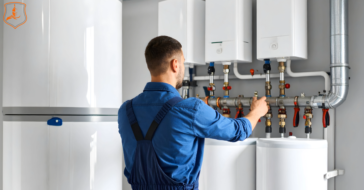 Commercial plumber adjusting water heating and piping systems in Dallas–Fort Worth, Texas — representing Eastman Insurance Solutions’ plumbing contractor insurance expertise.