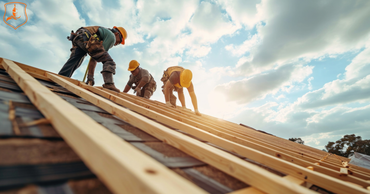 Roofing contractors working on a commercial roof in Dallas–Fort Worth, Texas under clear skies — representing Eastman Insurance Solutions’ roofing insurance expertise.