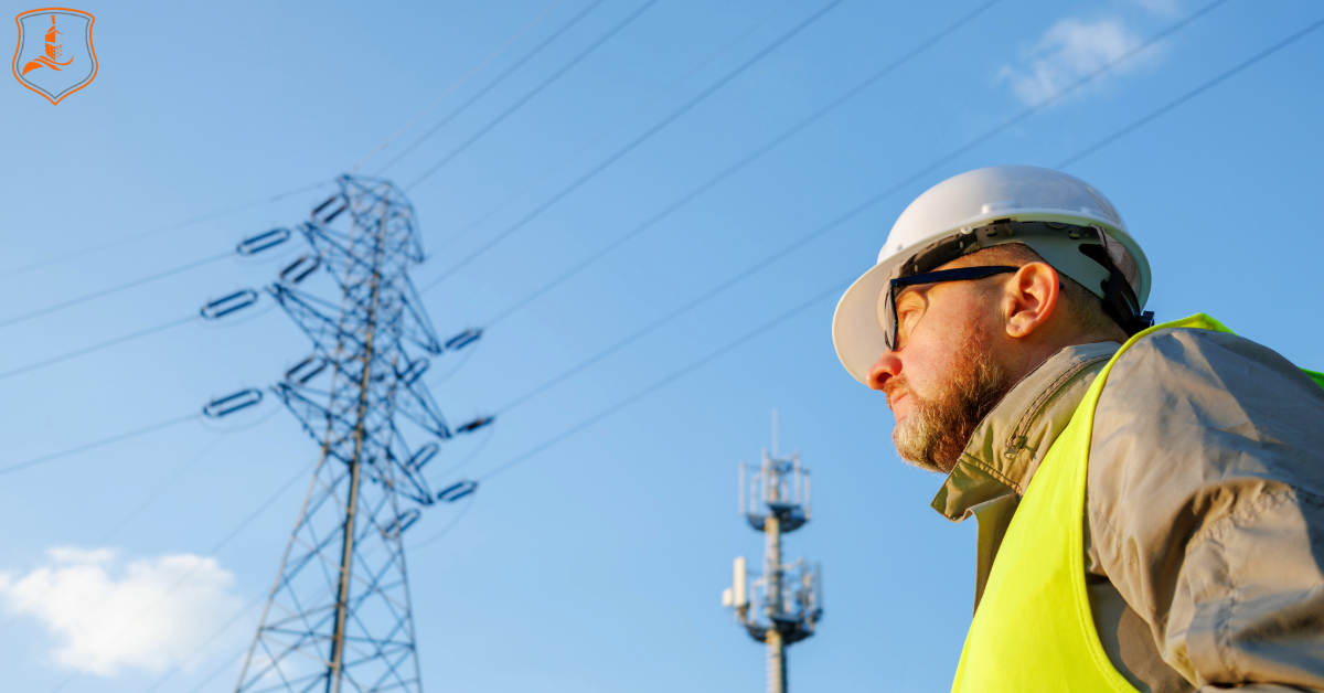 Telecommunications contractor inspecting cell towers and power lines in Dallas–Fort Worth, Texas — representing Eastman Insurance Solutions’ telecom contractor insurance expertise.