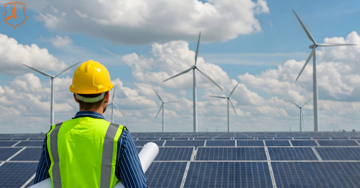 Energy contractor inspecting wind turbines and solar panels in Texas — representing Eastman Insurance Solutions’ expertise in oil, gas, and renewable energy contractor insurance.