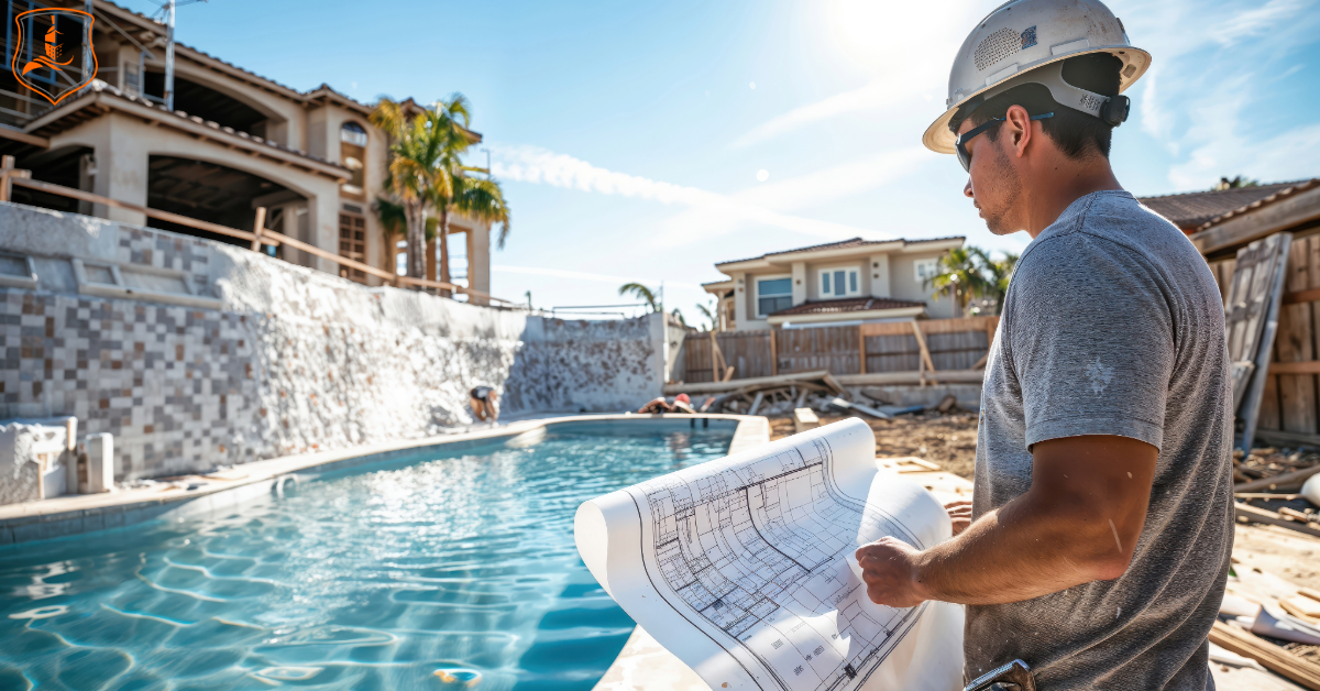 Pool contractor reviewing construction plans at a residential job site in Dallas–Fort Worth, Texas — representing Eastman Insurance Solutions’ pool contractor insurance expertise.