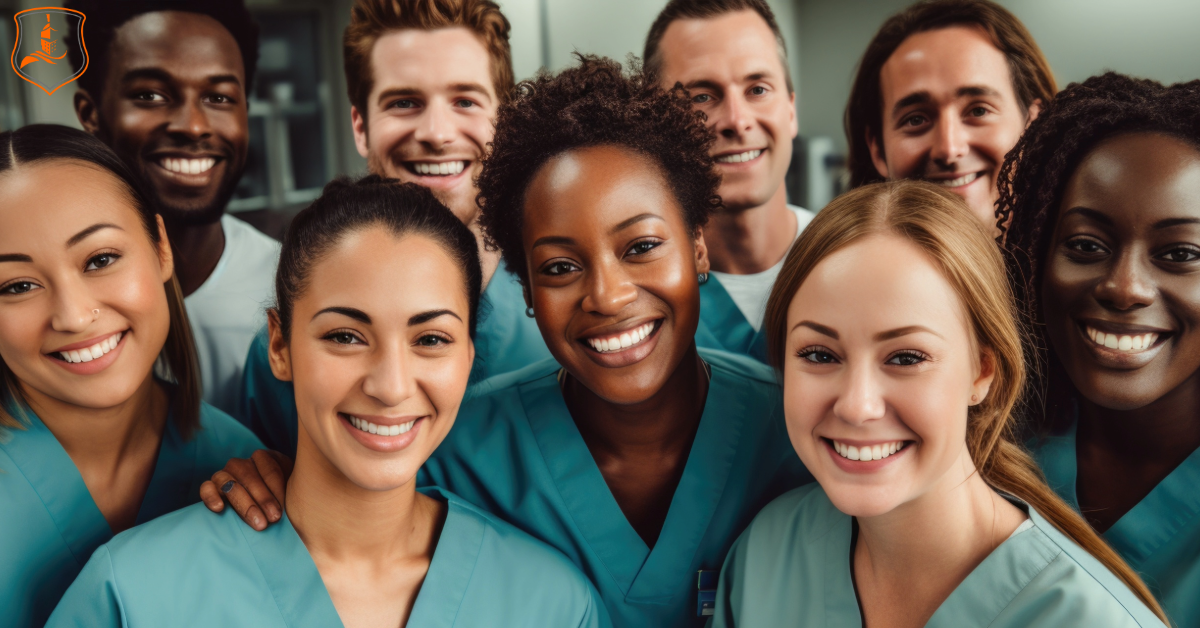 Group of smiling residential care professionals in Texas wearing scrubs, promoting EIS-Texas Residential Care Series “Pro Tips.”