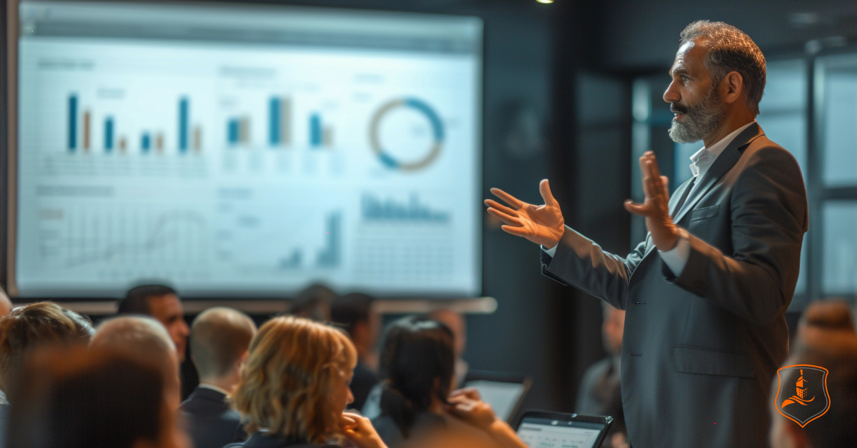 Executive leader presenting financial performance charts during a strategic insurance meeting, representing EIS Texas captive insurance solutions for large pest control companies.