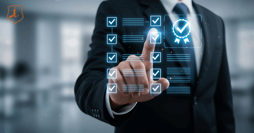 A business professional in a suit selecting compliance checklist icons, representing contract and certificate review for Texas businesses by Eastman Insurance Solutions.