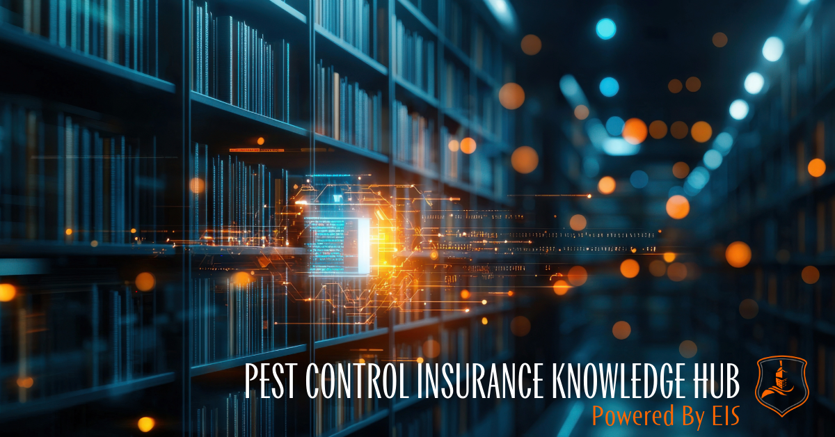 Digital library illuminated with glowing data connections symbolizing pest control industry knowledge and risk insights — representing Eastman Insurance Solutions’ Pest Control Insurance Knowledge Hub powered by EIS Texas.