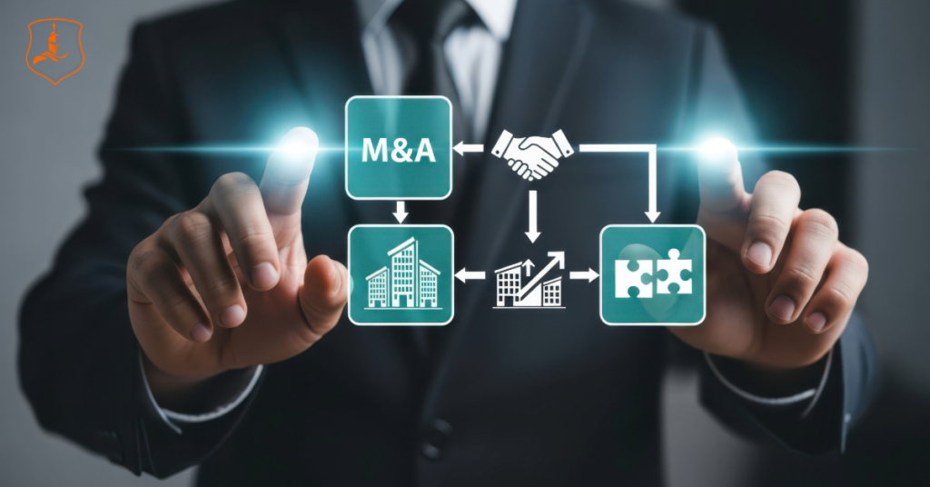 Business leader interacting with M&A icons and handshake graphic, representing owner-led Texas insurance agency acquisitions and partnership-focused transitions.