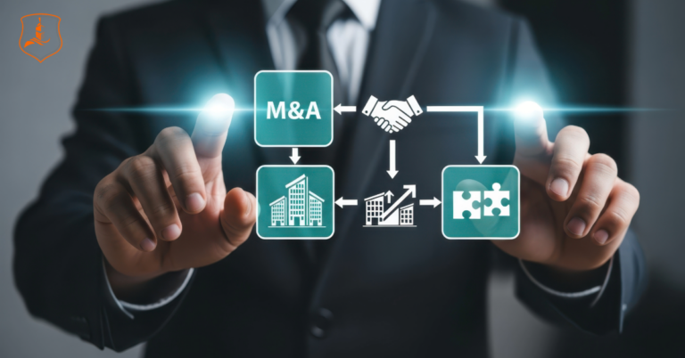 Business leader interacting with M&A icons and handshake graphic, representing owner-led Texas insurance agency acquisitions and partnership-focused transitions.