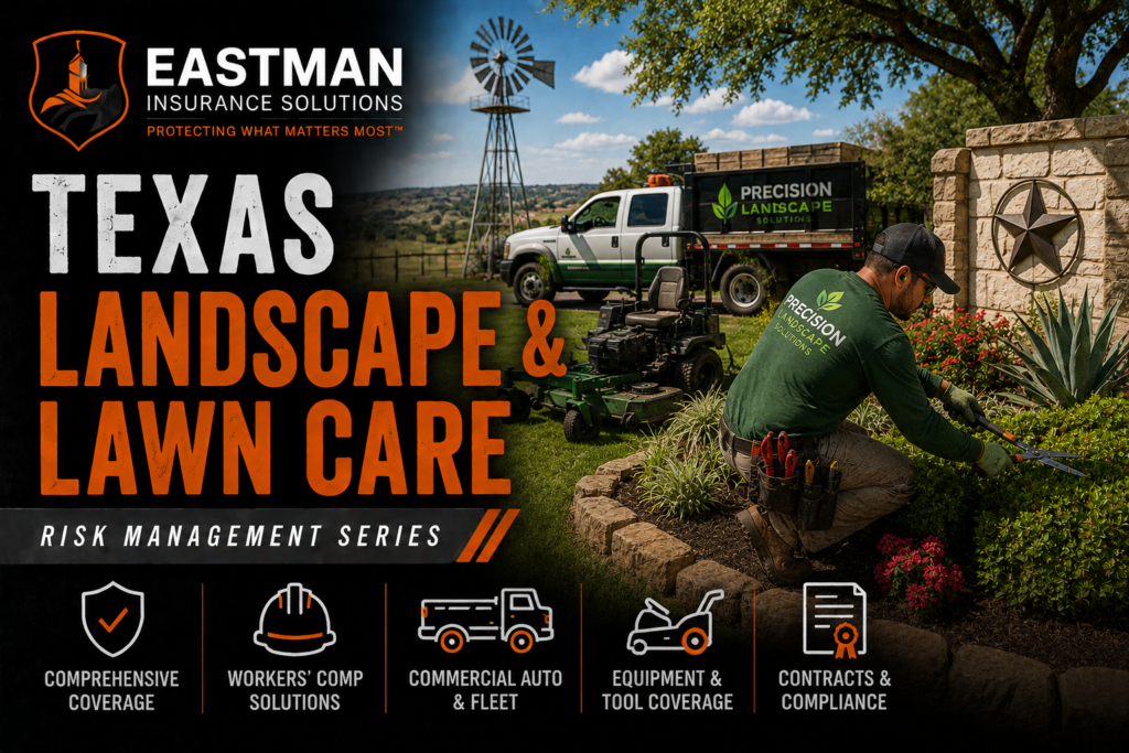 Texas landscape professional maintaining a commercial property with lawn and landscaping equipment.