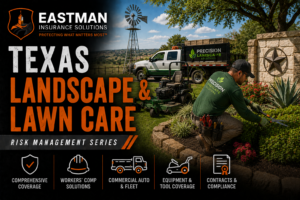 Texas landscape professional maintaining a commercial property with lawn and landscaping equipment.