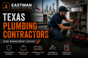 Texas plumbing contractor working on commercial plumbing equipment with service tools nearby.