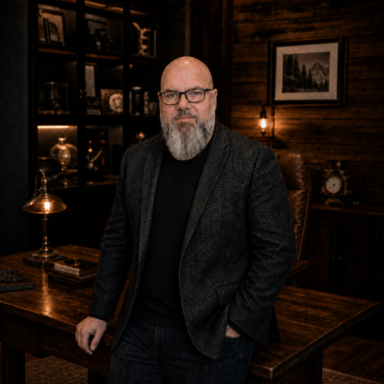 Shane wearing black glasses, a black crew-neck shirt, and a charcoal blazer in a warmly lit executive office.