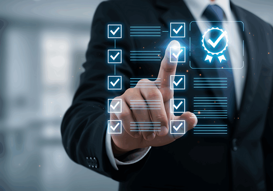 A business professional in a suit selecting compliance checklist icons, representing contract and certificate review for Texas businesses by Eastman Insurance Solutions.